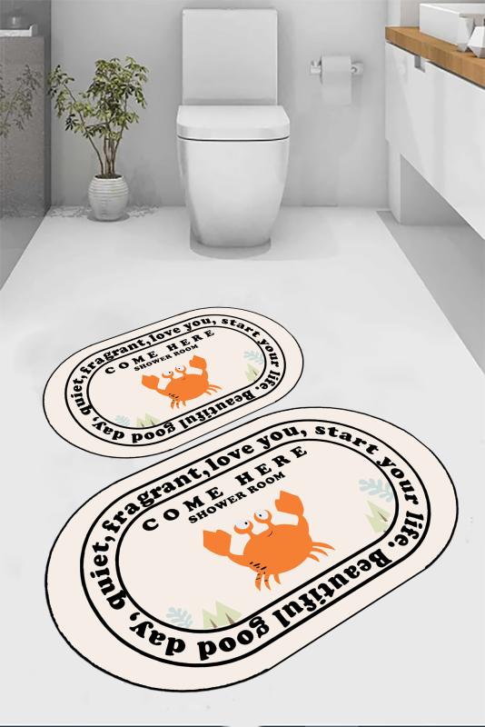 Eco Concept,  Sevimli Turuncu Yengeç Desen Krem Banyo Paspası, Yazılı Banyo Paspası, Kaymaz Taban Banyo Paspası, Oval Klozet Takımı, Yıkanabilir Klozet Takımı