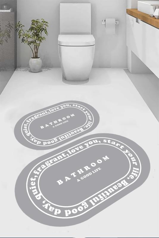 Eco Concept,  Gri Beyaz Yazılı Banyo Paspası, Kaymaz Taban Banyo Paspası, Oval Klozet Takımı, Yıkanabilir Klozet Takımı, Dekoratif Banyo Paspası