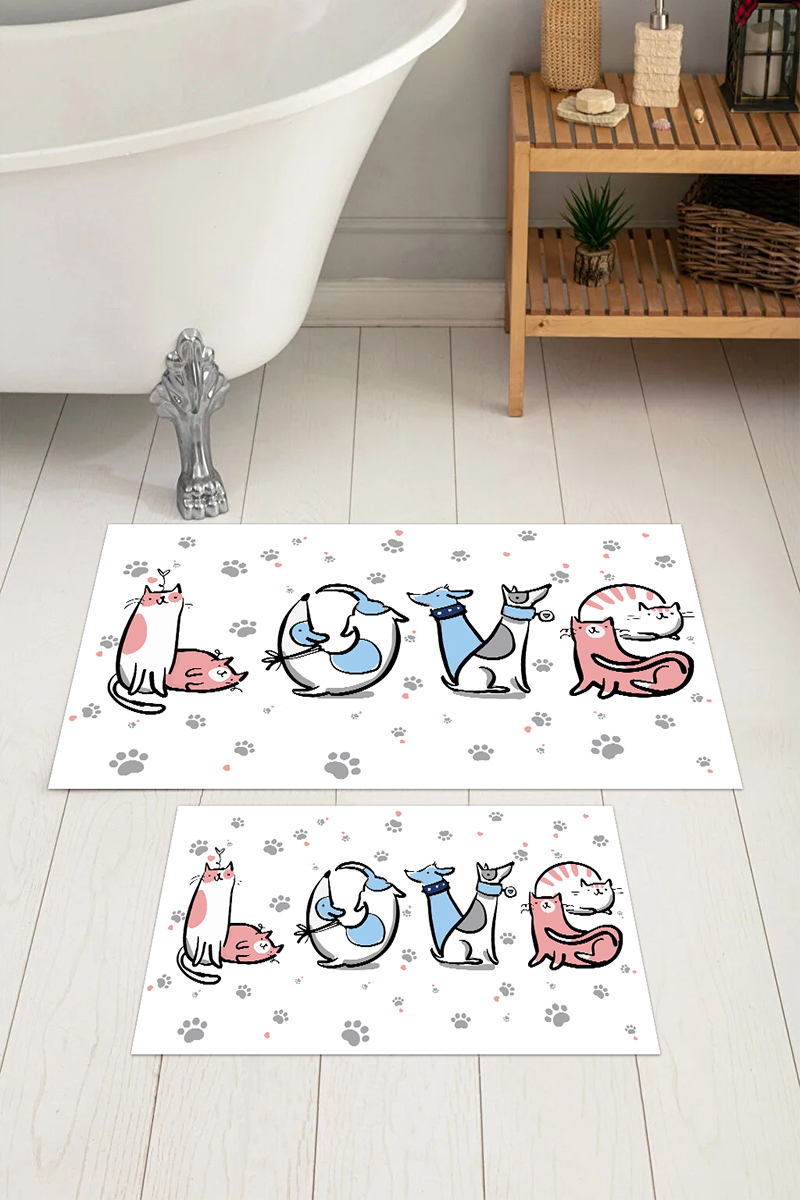 Eco Concept,  Love Yazılı Kedi Desen Banyo Paspas Takımı, Beyaz Banyo Paspası, Pati Desen Paspas, Kaymaz Taban Banyo Paspası, Klozet Takımı, Yıkanabilir Klozet Takımı, Dekoratif Banyo Paspası,