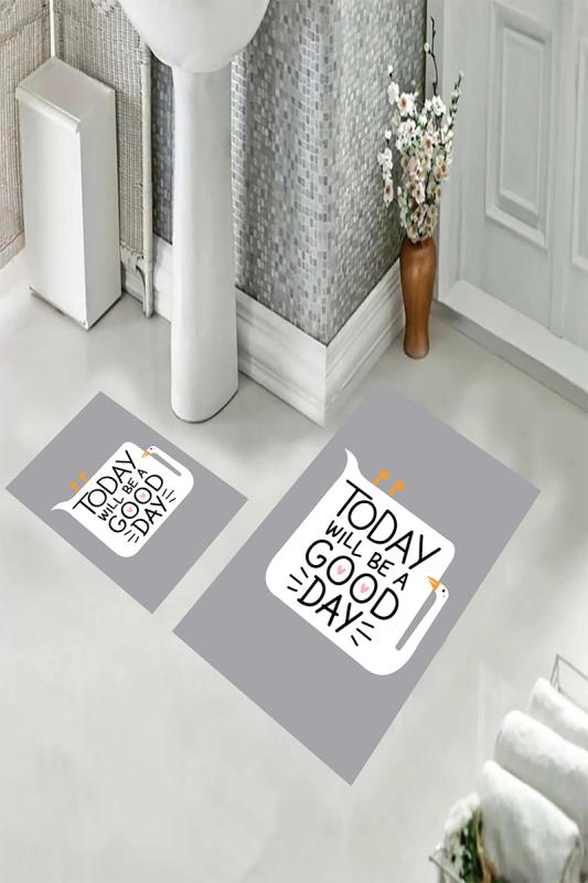 Eco Concept,  Yazılı Banyo Paspası, Gri Renk Paspas, Kaymaz Taban Banyo Paspası, Klozet Takımı, Yıkanabilir Klozet Takımı, Dekoratif Banyo Paspası,