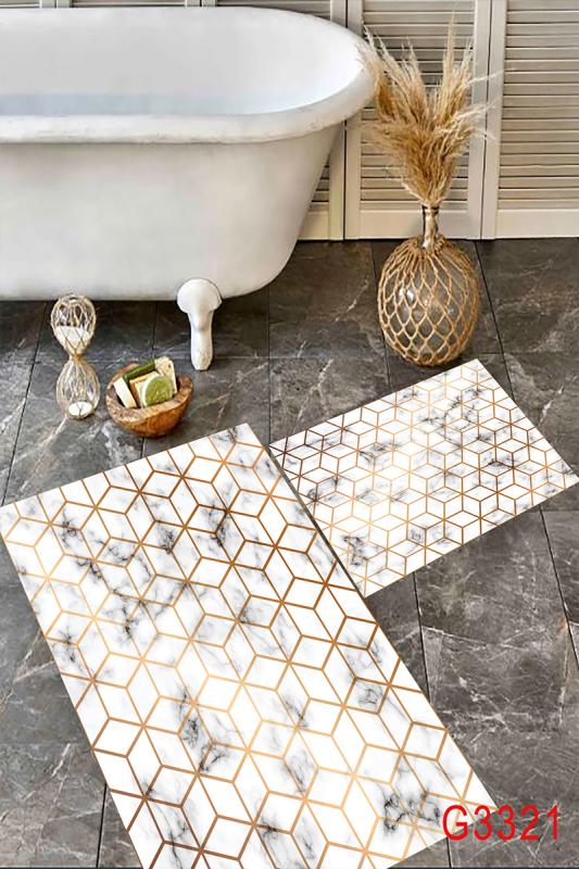 Eco Concept,  Beyaz Zemin Gold Renk Banyo Paspası, Gold Paspas, Kaymaz Taban Banyo Paspası, Klozet Takımı, Yıkanabilir Klozet Takımı, Dekoratif Banyo Paspası,