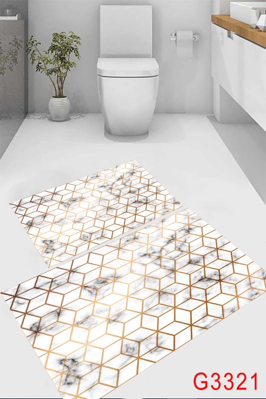 Eco Concept,  Beyaz Zemin Gold Renk Banyo Paspası, Gold Paspas, Kaymaz Taban Banyo Paspası, Klozet Takımı, Yıkanabilir Klozet Takımı, Dekoratif Banyo Paspası,