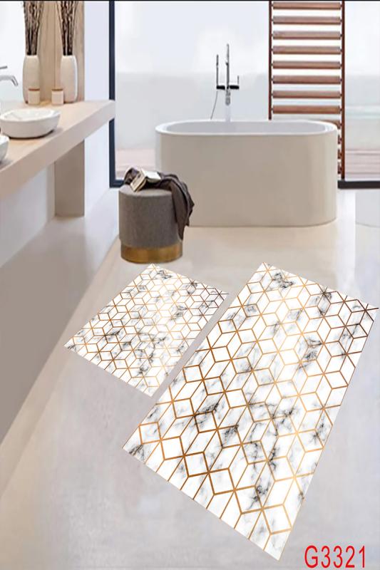 Eco Concept,  Beyaz Zemin Gold Renk Banyo Paspası, Gold Paspas, Kaymaz Taban Banyo Paspası, Klozet Takımı, Yıkanabilir Klozet Takımı, Dekoratif Banyo Paspası,