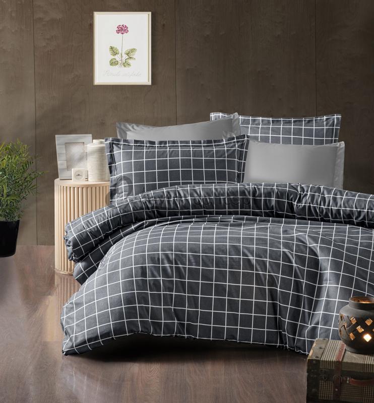 Eco concept, Antrasit Kareli Nevresim, Çift Kişilik Nevresim Takımı, Bohem Nevresim, 4 Parça, Yıkanabilir