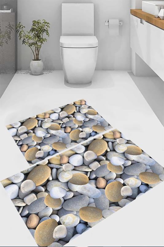 Eco Concept,  Taş Desen Klozet Takımı, Kaymaz Taban Banyo Paspası, Klozet Takımı, Yıkanabilir Klozet Takımı, Dekoratif Banyo Paspası,