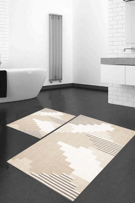 Eco Concept,  Geometrik Desen Banyo Paspası, Nude Renk, Fondöten Rengi Banyo Paspası, Kaymaz Taban Banyo Paspası, Klozet Takımı, Yıkanabilir Klozet Takımı, Dekoratif Banyo Paspası,