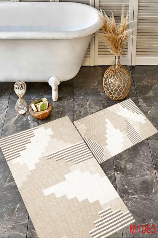 Eco Concept,  Geometrik Desen Banyo Paspası, Nude Renk, Fondöten Rengi Banyo Paspası, Kaymaz Taban Banyo Paspası, Klozet Takımı, Yıkanabilir Klozet Takımı, Dekoratif Banyo Paspası,