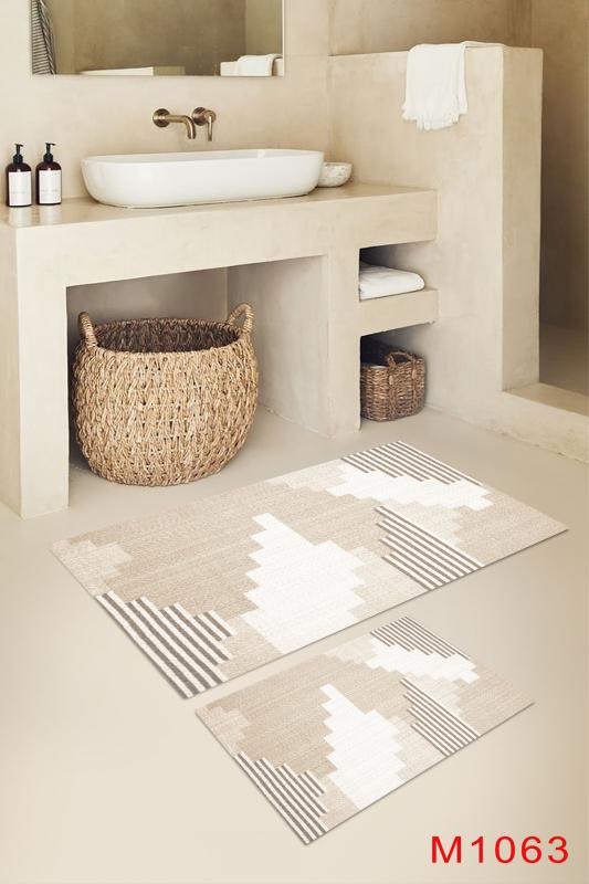 Eco Concept,  Geometrik Desen Banyo Paspası, Nude Renk, Fondöten Rengi Banyo Paspası, Kaymaz Taban Banyo Paspası, Klozet Takımı, Yıkanabilir Klozet Takımı, Dekoratif Banyo Paspası,