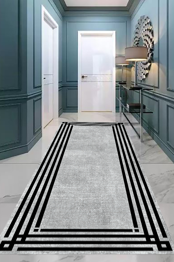 Eco concept, Gri Zemin Siyah Çerçeveli Halı, Gri Renk Yolluk, Antrasit Halı, Modern Desen Halı, Antre Halısı, Mutfak Halısı, Kaymaz Taban Halı, Yıkanabilir Halı, Leke Tutmaz Halı, Dekoratif Salon Halısı