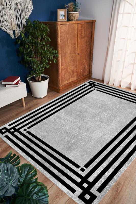 Eco concept, Gri Zemin Siyah Çerçeveli Halı, Gri Renk Yolluk, Antrasit Halı, Modern Desen Halı, Antre Halısı, Mutfak Halısı, Kaymaz Taban Halı, Yıkanabilir Halı, Leke Tutmaz Halı, Dekoratif Salon Halısı