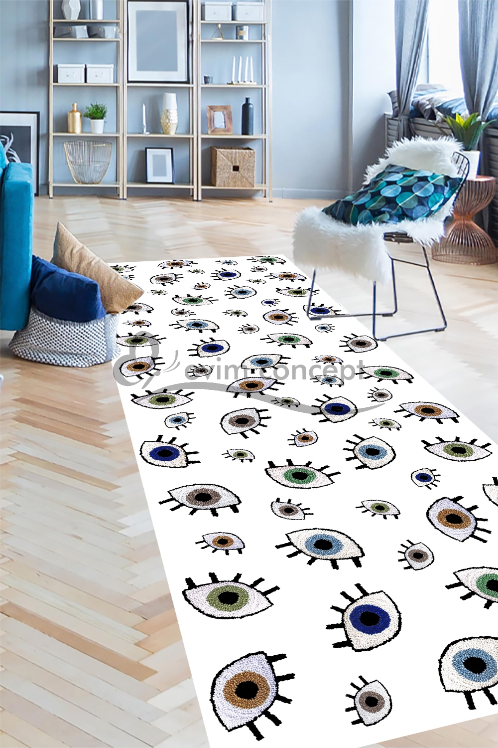 Eco%20concept,%20Etnik%20Göz%20Desenli%20Mutfak%20Halısı,%20Beyaz%20Renk%20Halı,%20Bohem%20Halı,%20Kaymaz%20Taban%20Halı,%20Yıkanabilir%20Halı,%20Balkon%20Halısı,