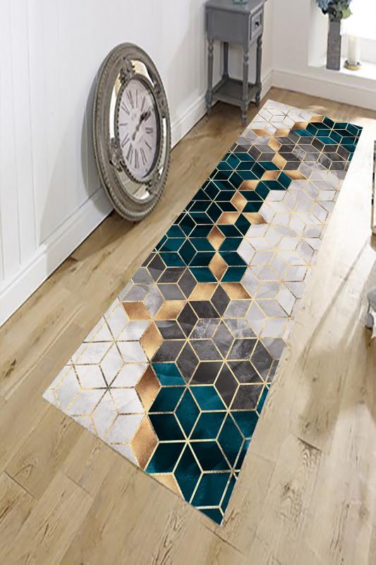 Eco concept, Geometrik Desen Halı, Gold Yeşil Beyaz Renk Yolluk, Modern Desen Halı, Salon Halısı, Antre Halısı, Mutfak Halısı, Kaymaz Taban Halı, Yıkanabilir Halı, Leke Tutmaz Halı, Dekoratif Salon Halısı