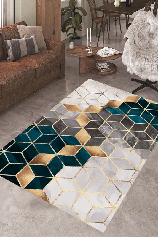 Eco concept, Geometrik Desen Halı, Gold Yeşil Beyaz Renk Yolluk, Modern Desen Halı, Salon Halısı, Antre Halısı, Mutfak Halısı, Kaymaz Taban Halı, Yıkanabilir Halı, Leke Tutmaz Halı, Dekoratif Salon Halısı