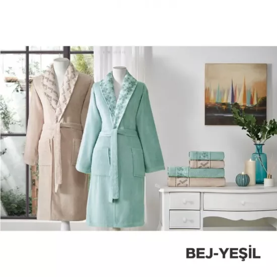  Özdilek Fıore Lıne Aile Bornoz Seti Bej-Yesıl  