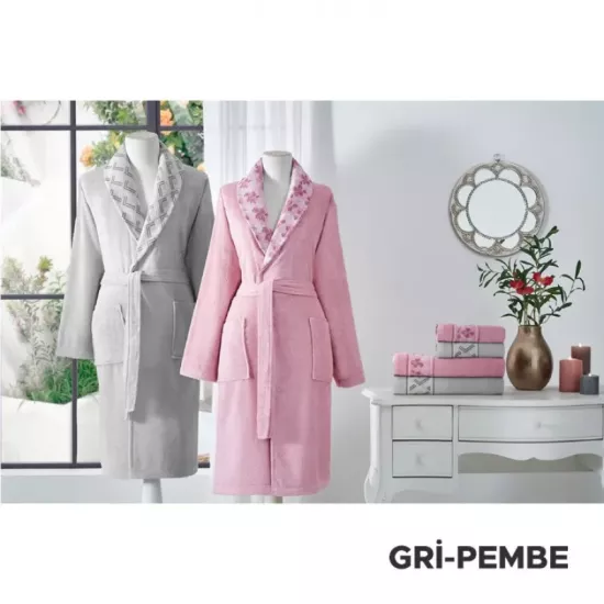 Özdilek Fıore Lıne Aile Bornoz Seti Pembe- Gri 